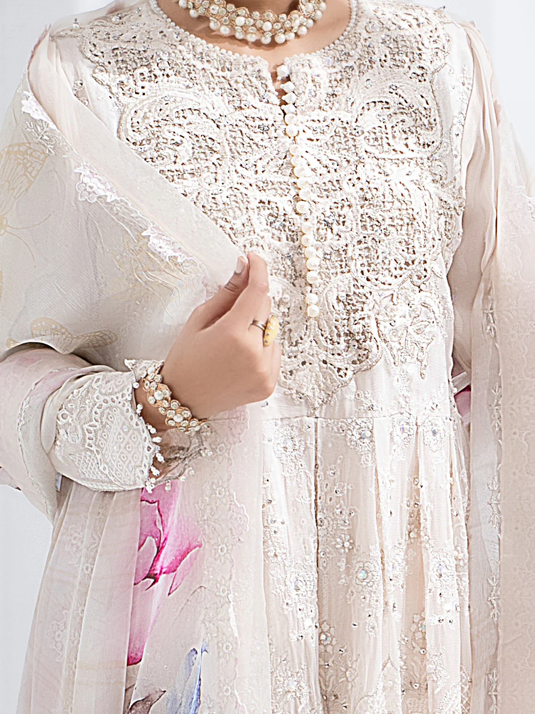Off White Bemberg Chiffon 3 Piece Formal Stitched - AL-3PS-LS-308 - Image 4
