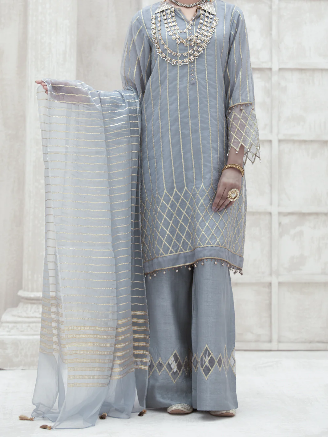 Grey Organza 3 Piece Formal Stitched - AL-3PS-LS-315