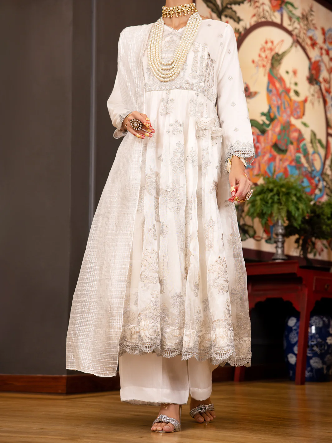 Off White Poly Net 3Pc Formal Stitched - AL-3PS-LS-371