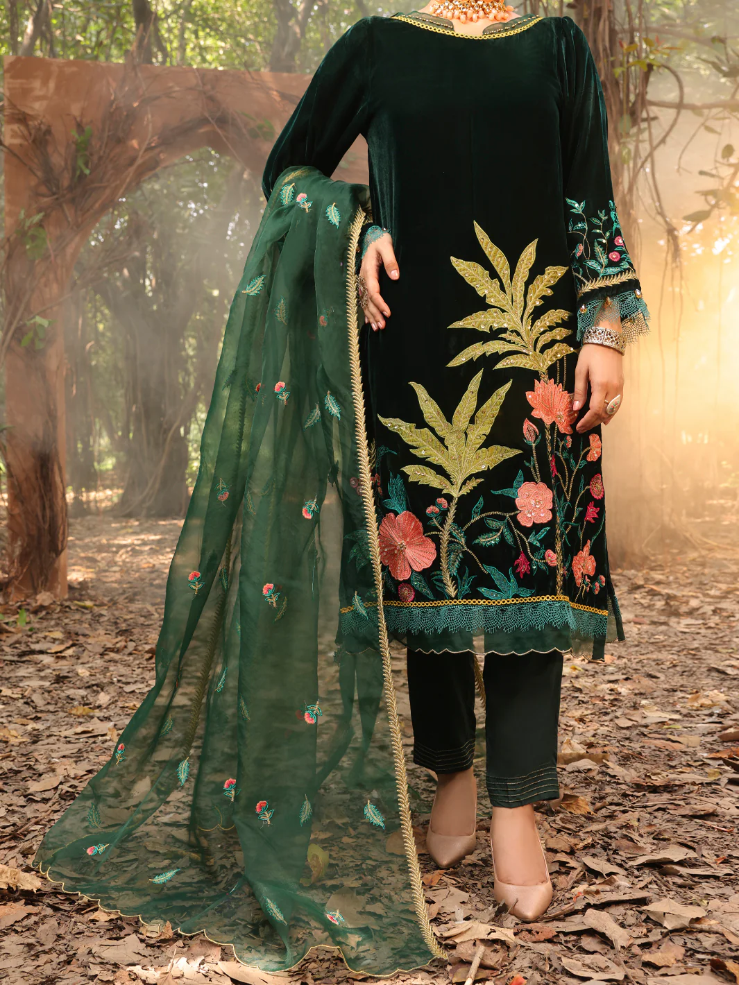Dark Green Velvet 3Pc Formal Stitched - AL-3PS-LS-389