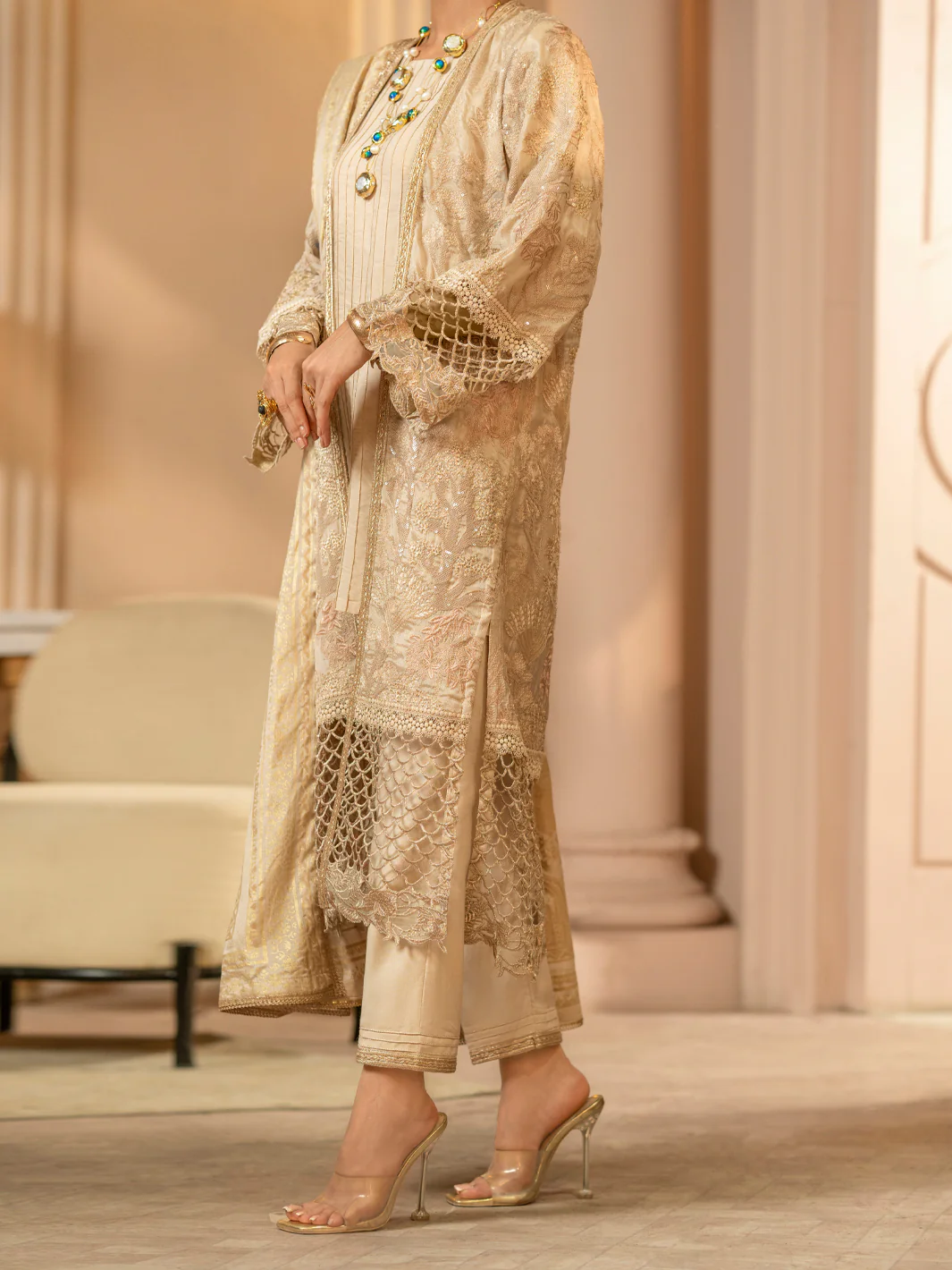 Light Brown Chiffon 3Pc Formal Stitched - AL-3PS-LS-423 - Image 3
