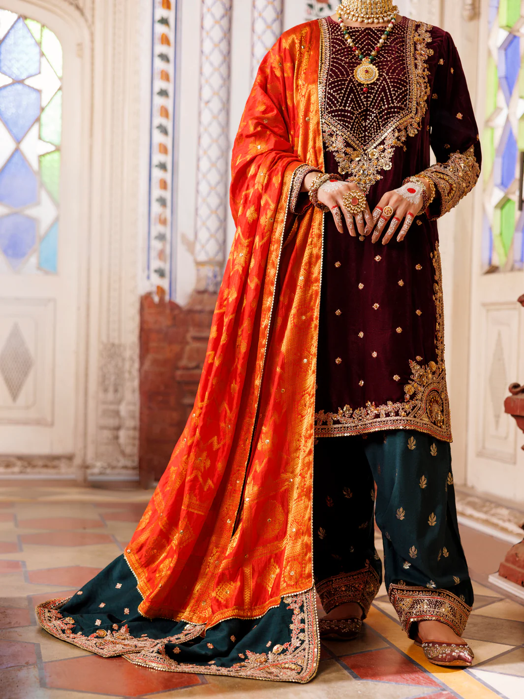 Maroon Velvet Formal 3Pc Stitched - AL-3PS-LS-493