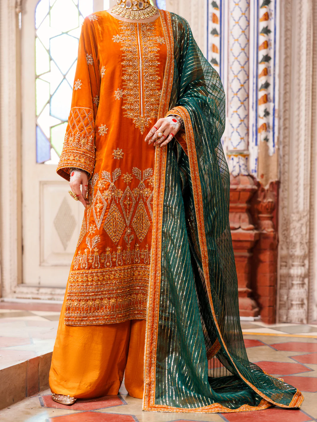 Mustard Velvet Formal 3Pc Stitched - AL-3PS-LS-496