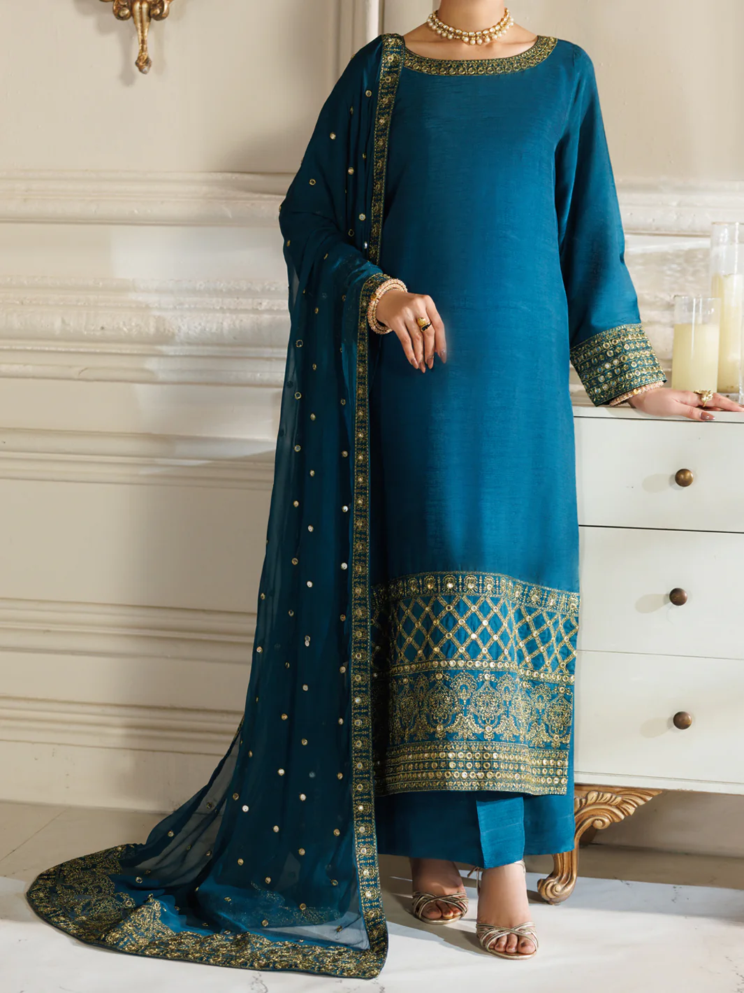 Turquoise Raw Silk Formal Stitched 3Pc - AL-3PS-LS-601 - Image 4