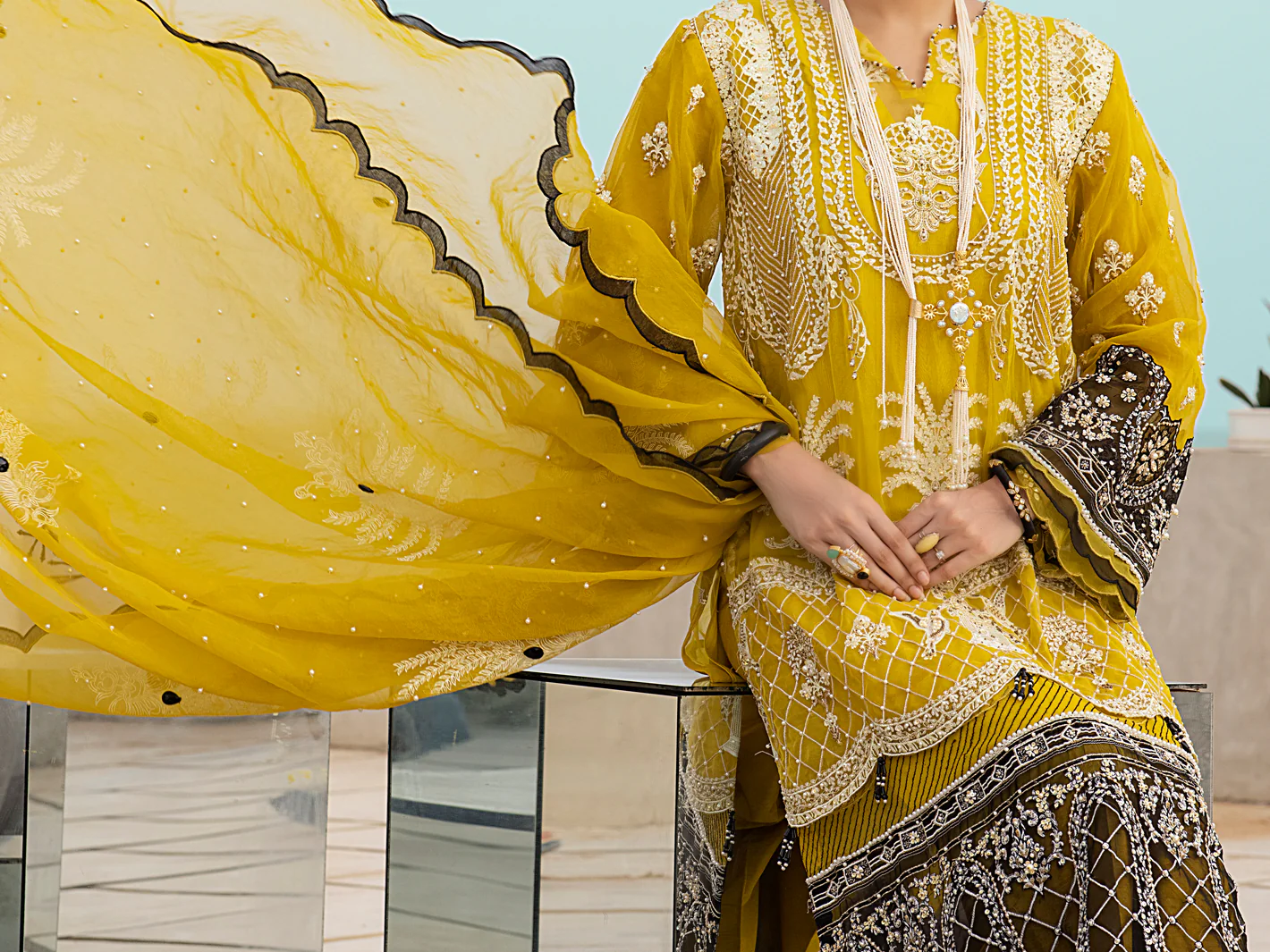 Yellow Organza 3Pc Formal Unstitched - AL-3PS-LS-UN-328 - Image 2