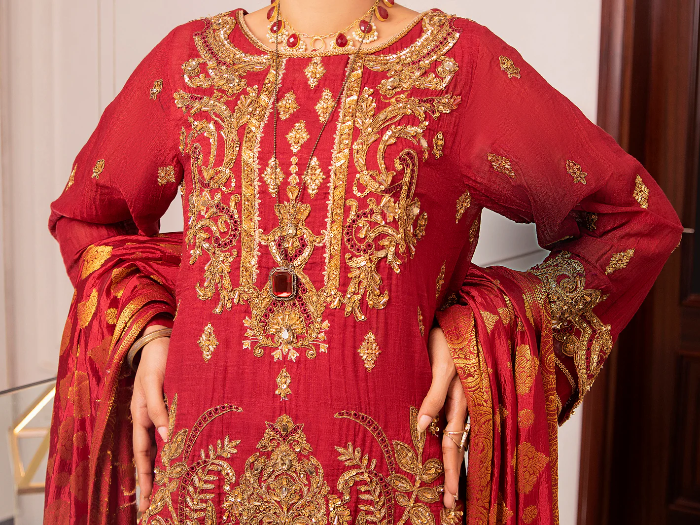 Red Cotton Masori 3Pc Formal Unstitched - AL-3PS-LS-UN-345 - Image 2