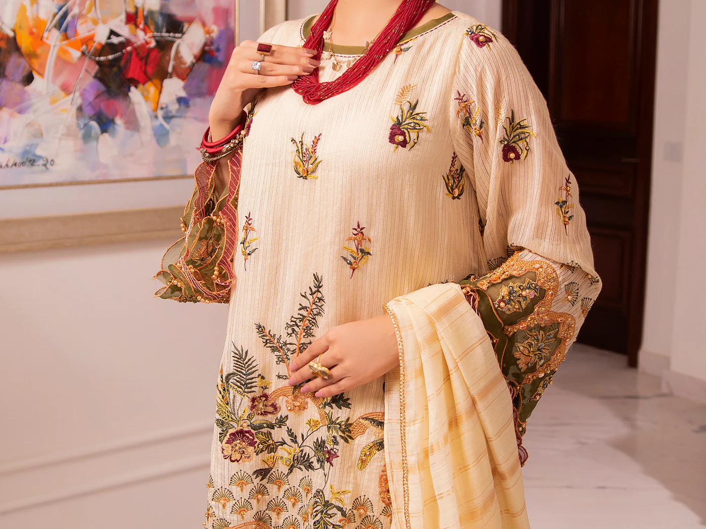 Beige Khaddi Net 3Pc Formal Unstitched - AL-3PS-LS-UN-346 - Image 2