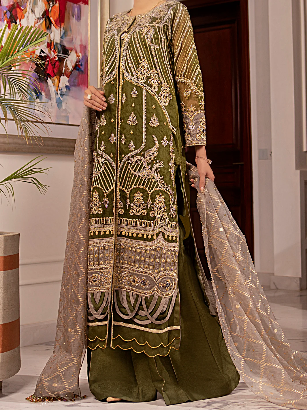 Green Organza 3Pc Formal Unstitched - AL-3PS-LS-UN-349 - Image 5