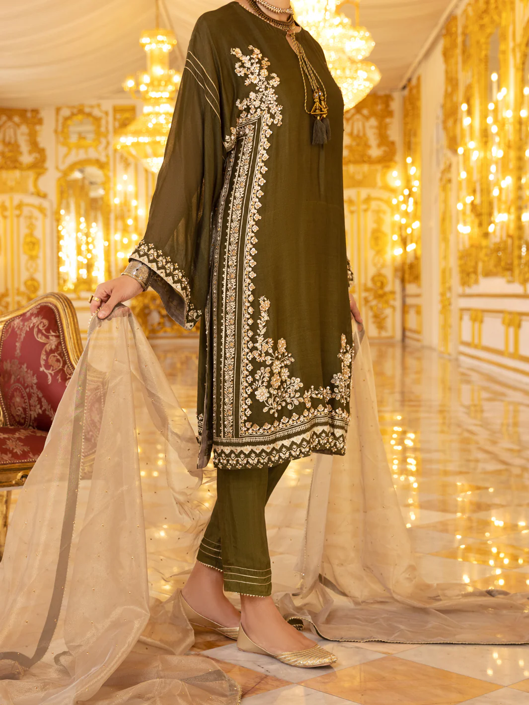 Green Khaddi Net 3Pc Formal Unstitched - AL-3PS-LS-UN-360 - Image 2