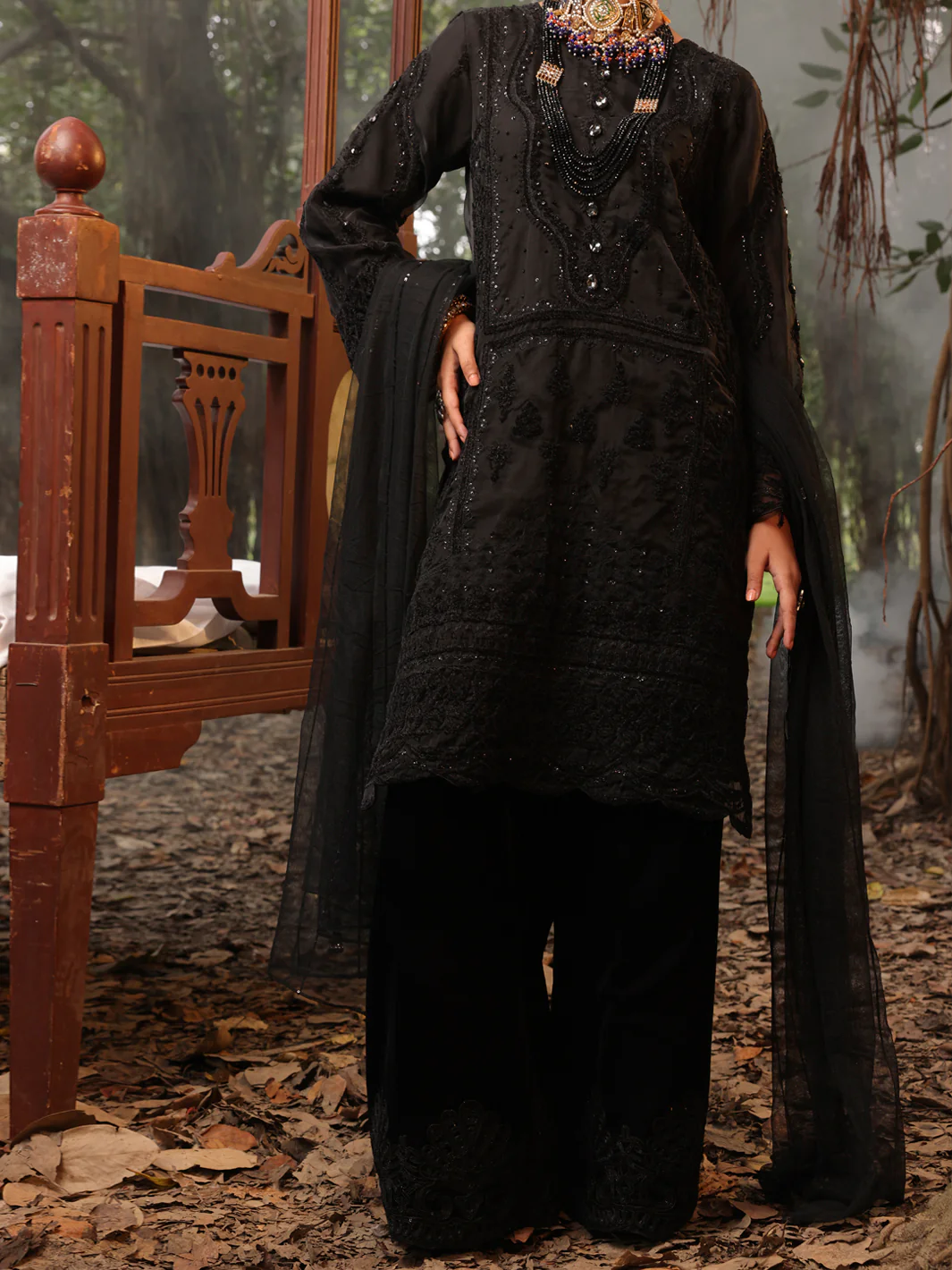 Black Organza 3Pc Formal Unstitched - AL-3PS-LS-UN-393