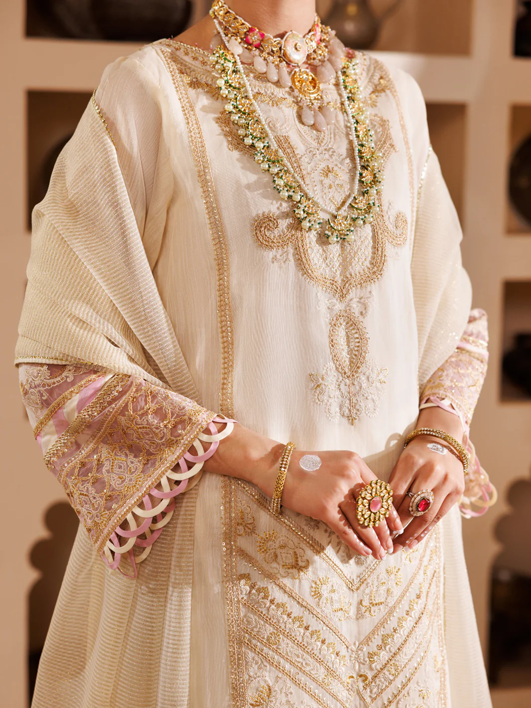 Off White Khaddi Shimmer Gold 3Pc Formal Unstitched - AL-3PS-LS-UN-457 - Image 2