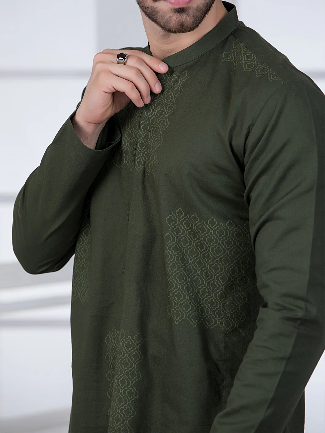 Olive Green Cotton Kurta - AL-K-1019 - Image 2