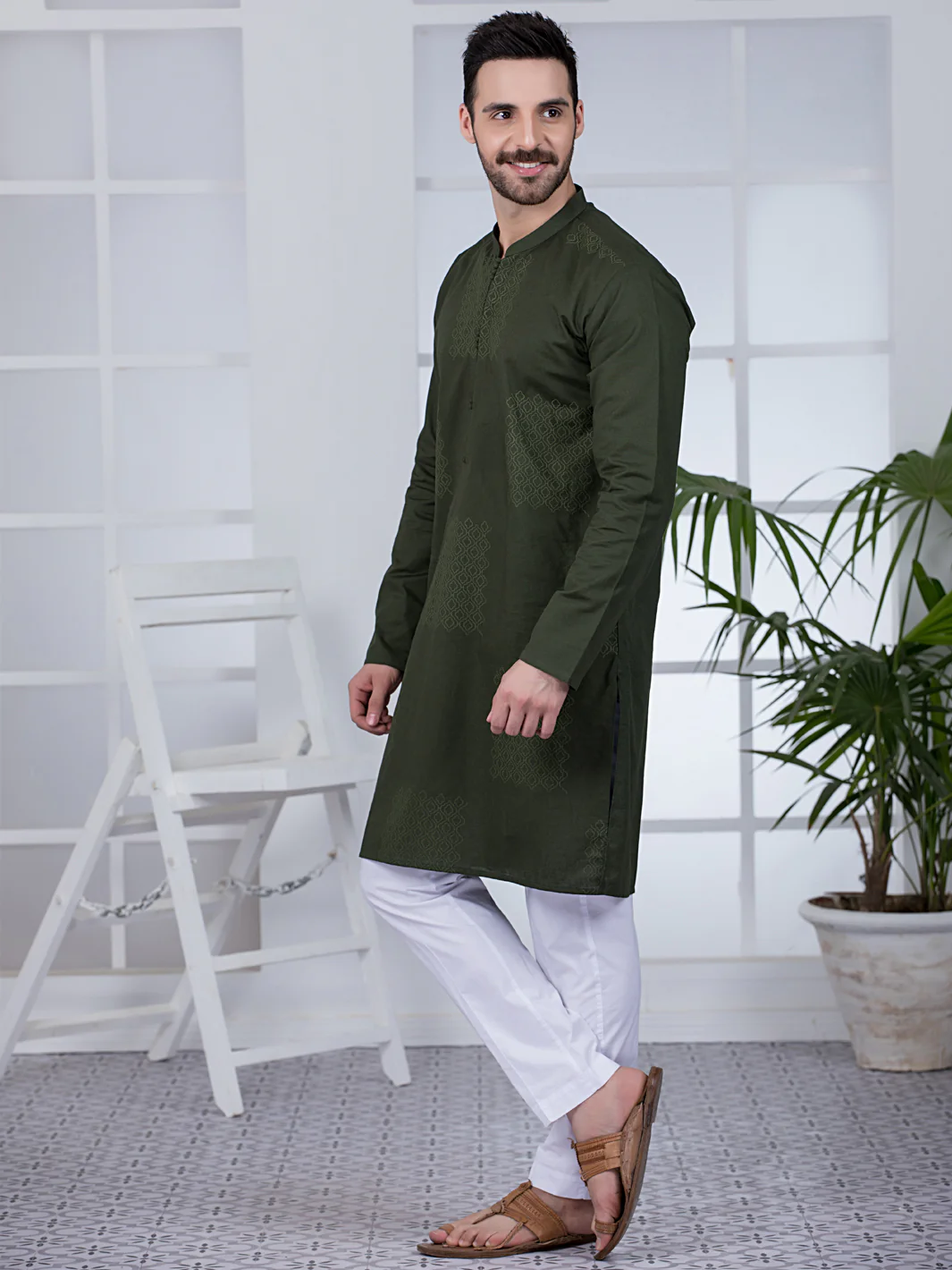 Olive Green Cotton Kurta - AL-K-1019 - Image 3