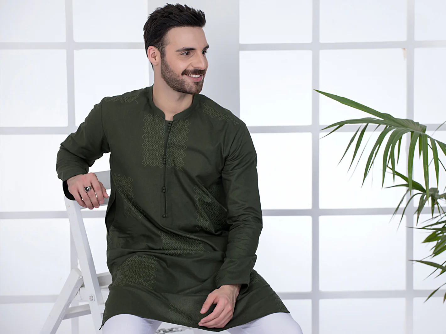 Olive Green Cotton Kurta - AL-K-1019 - Image 5