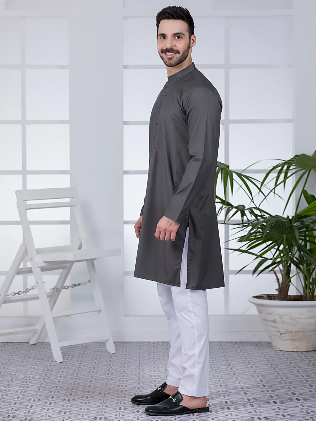 Grey Blended Kurta - AL-K-1045 - Image 4
