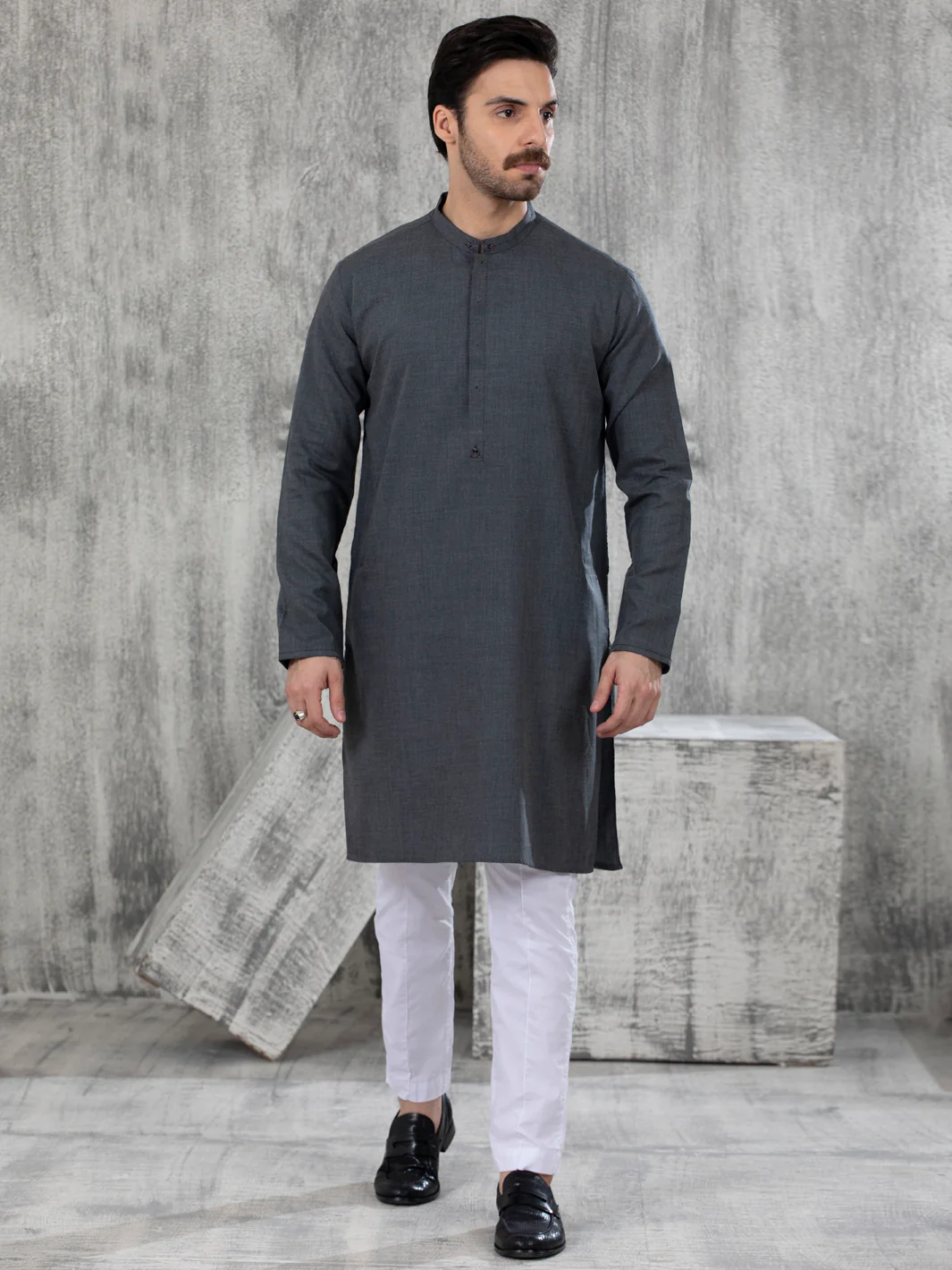 Dark Grey Blended Kurta - AL-K-1049 - Image 2