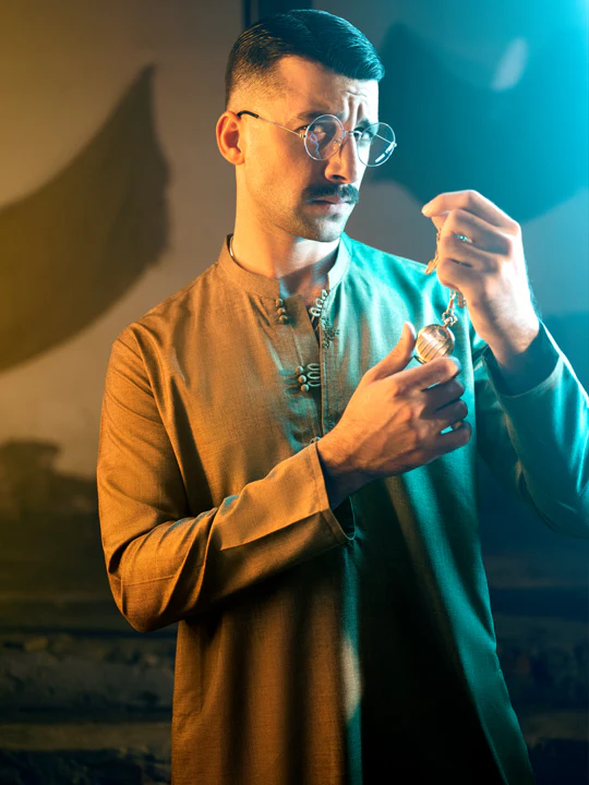 Mehndi Green Blended Kurta - AL-K-1050 - Image 6