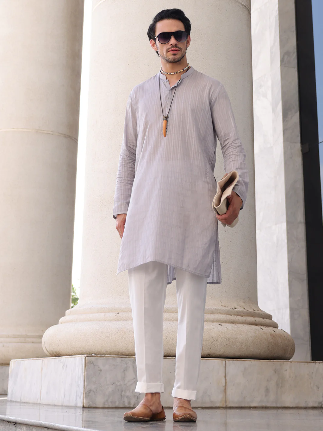 Light Grey Cotton Kurta - AL-K-1145A - Image 3