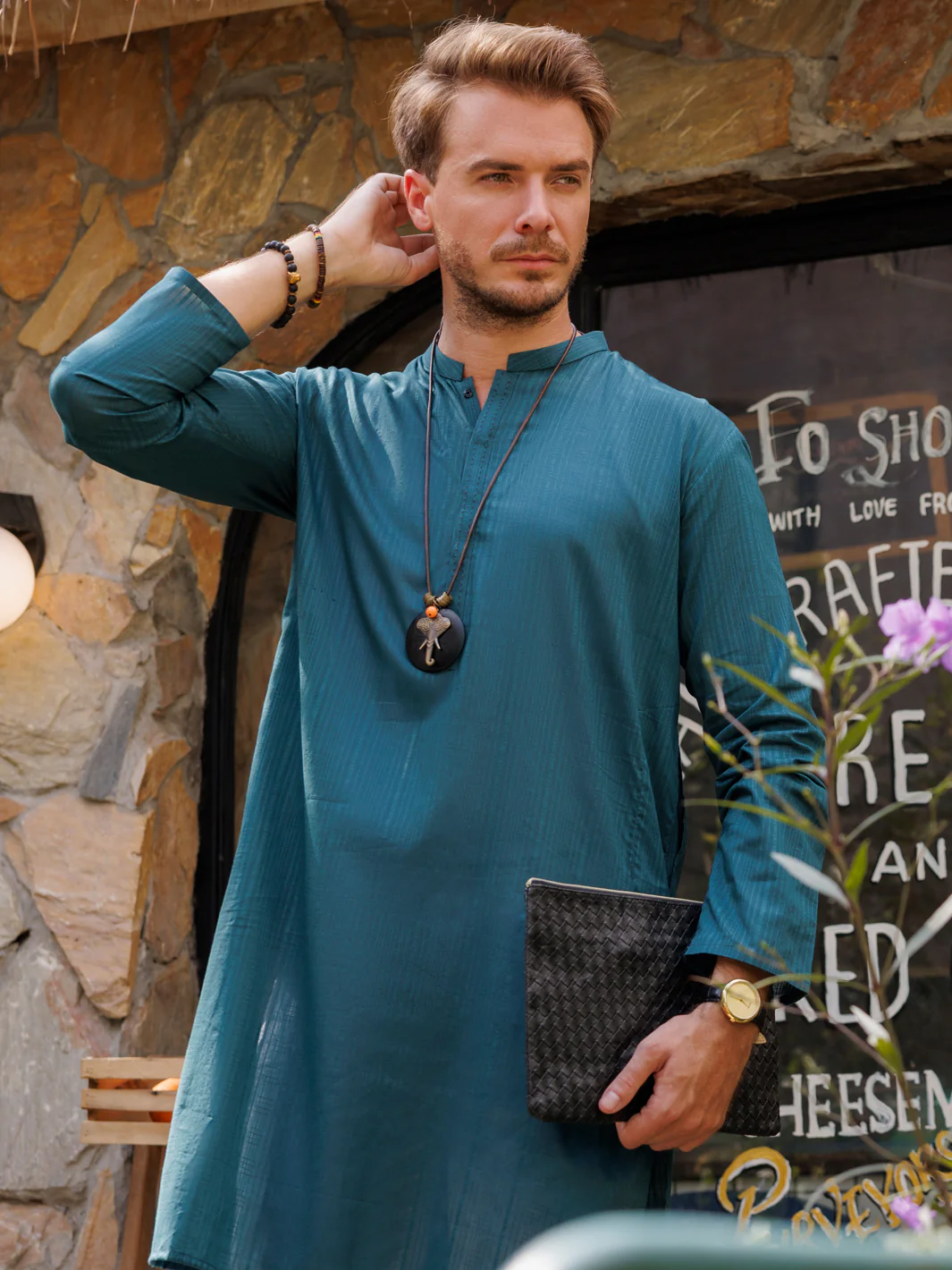 Teal Blue Cotton Kurta - AL-K-1146A - Image 2