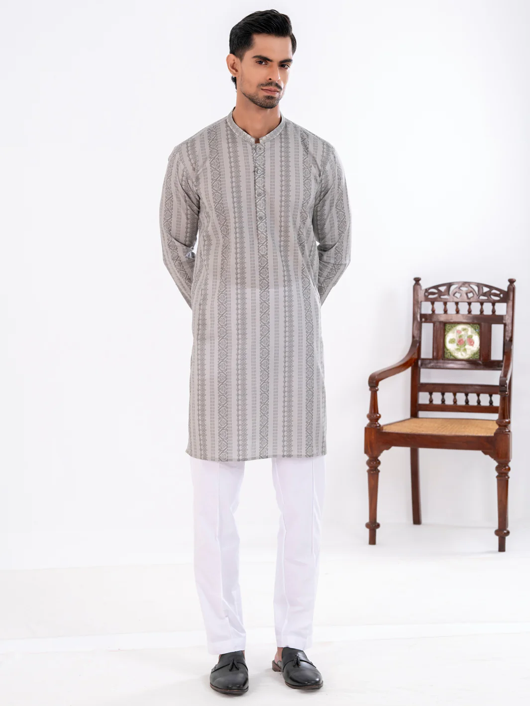Light Grey Cotton Kurta - AL-K-1198 - Image 2