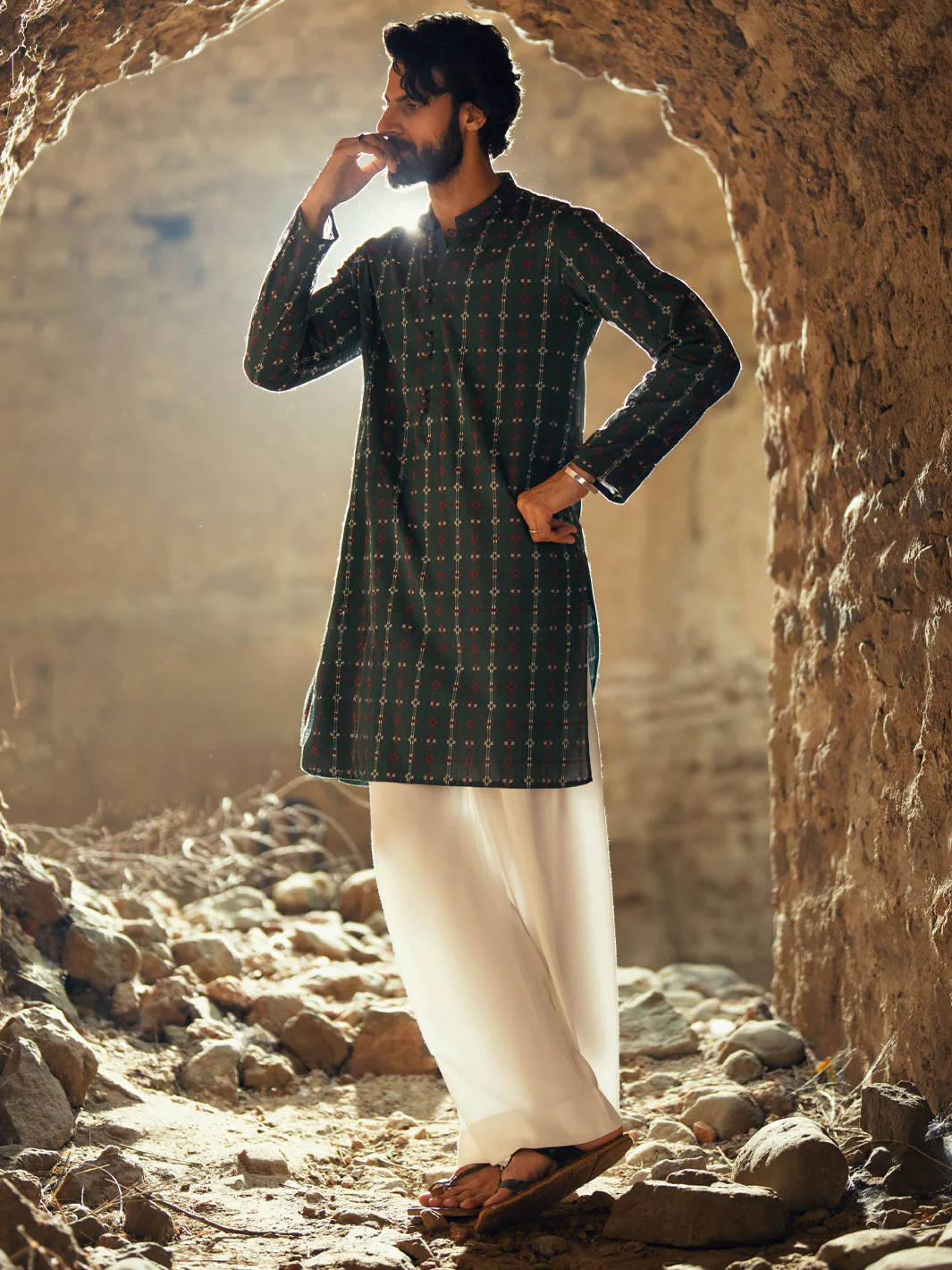 Green Cotton Semi-Formal Kurta - AL-K-1288 - Image 5