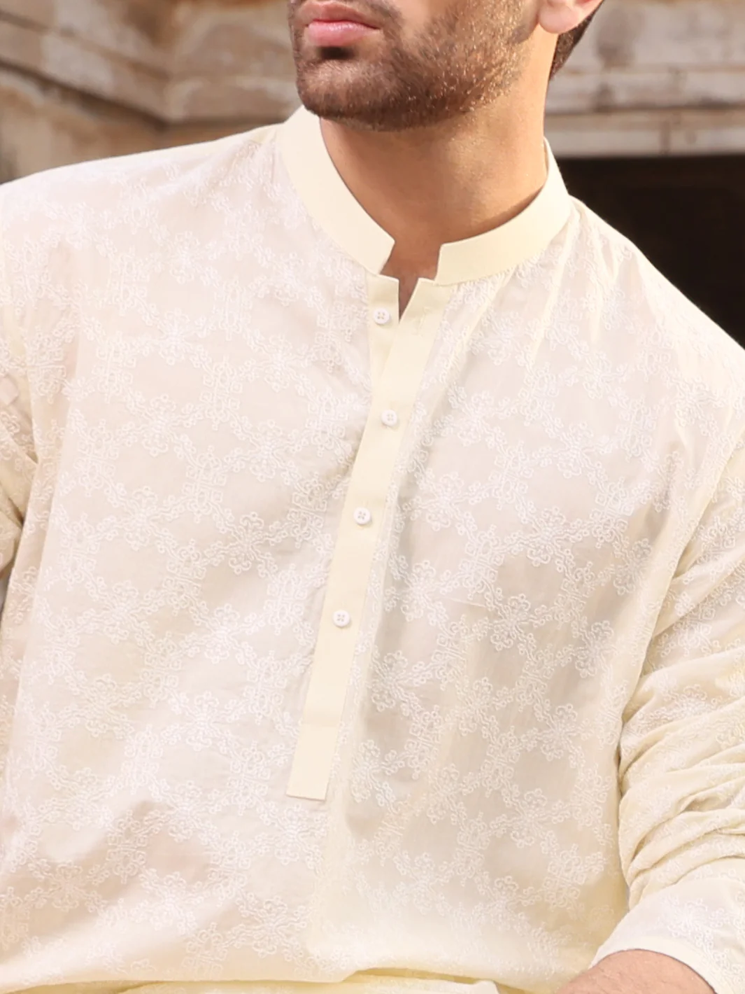 Lemon Yellow Cotton Schiffli Kurta - AL-K-712B - Image 2