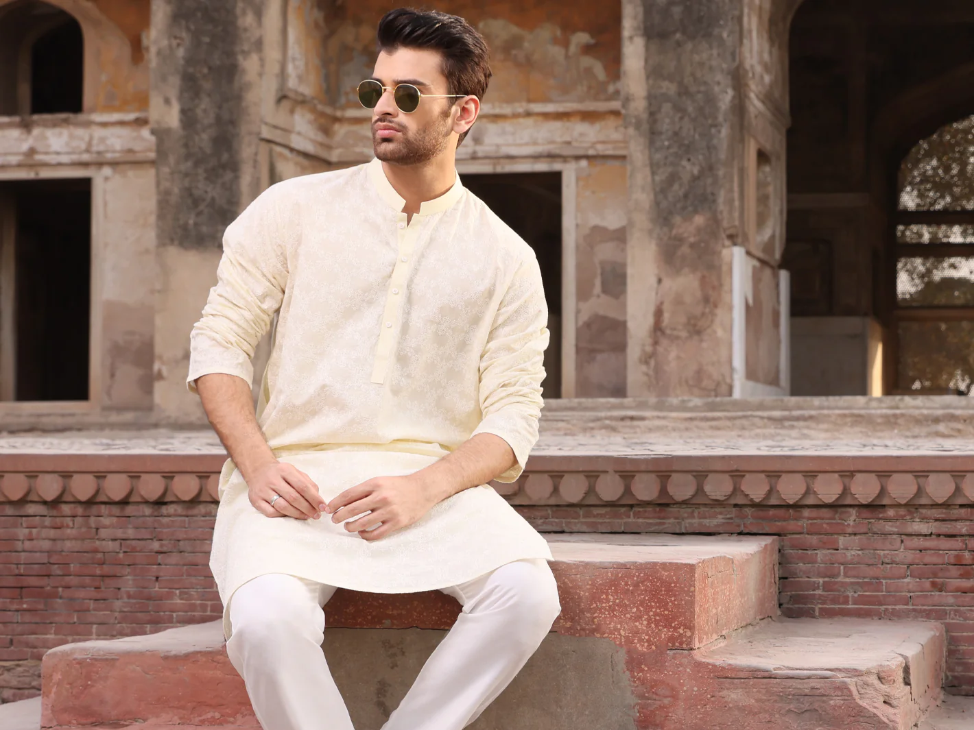Lemon Yellow Cotton Schiffli Kurta - AL-K-712B - Image 3