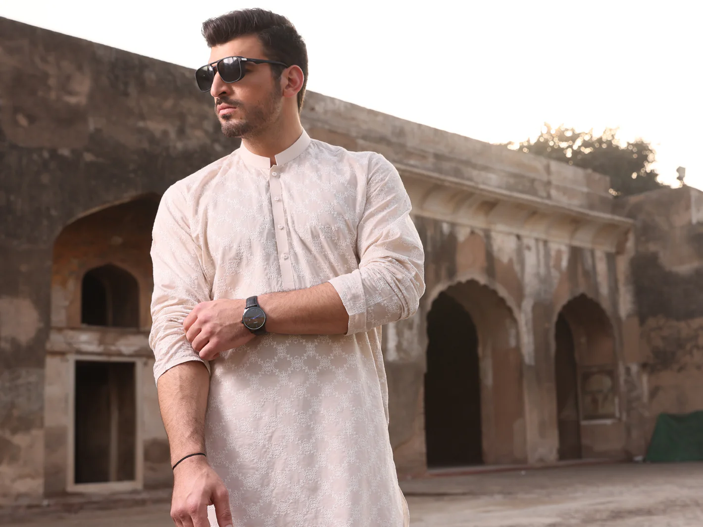 Fawn Cotton Schiffli Kurta - AL-K-712C - Image 3