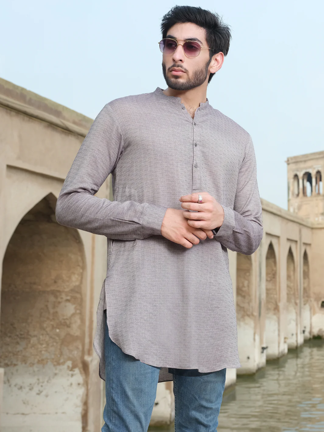 Light Grey Woven Kurta - AL-K-875