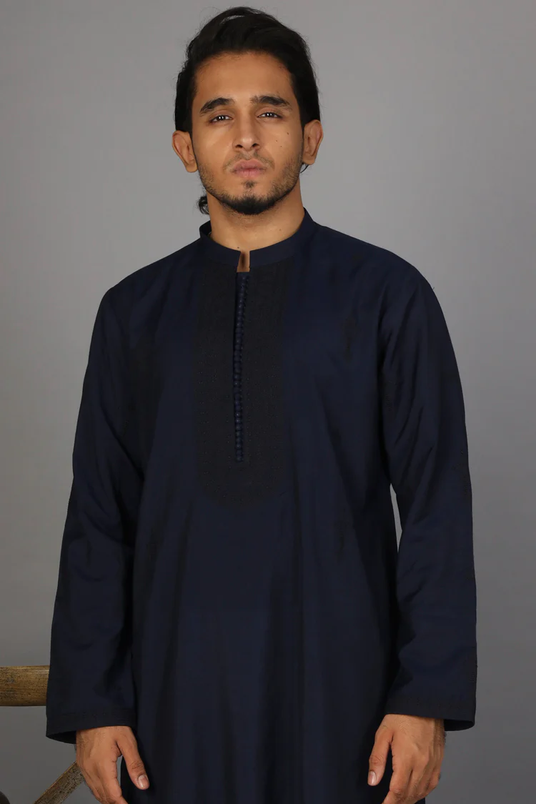 Dark Blue Cotton Silk Formal Kurta - AL-K-SP-024A - Image 3