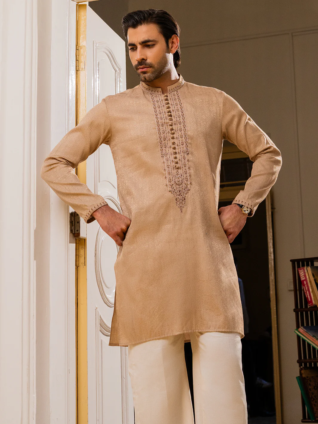 Beige Blended Formal Kurta - AL-K-SP-064 - Image 3