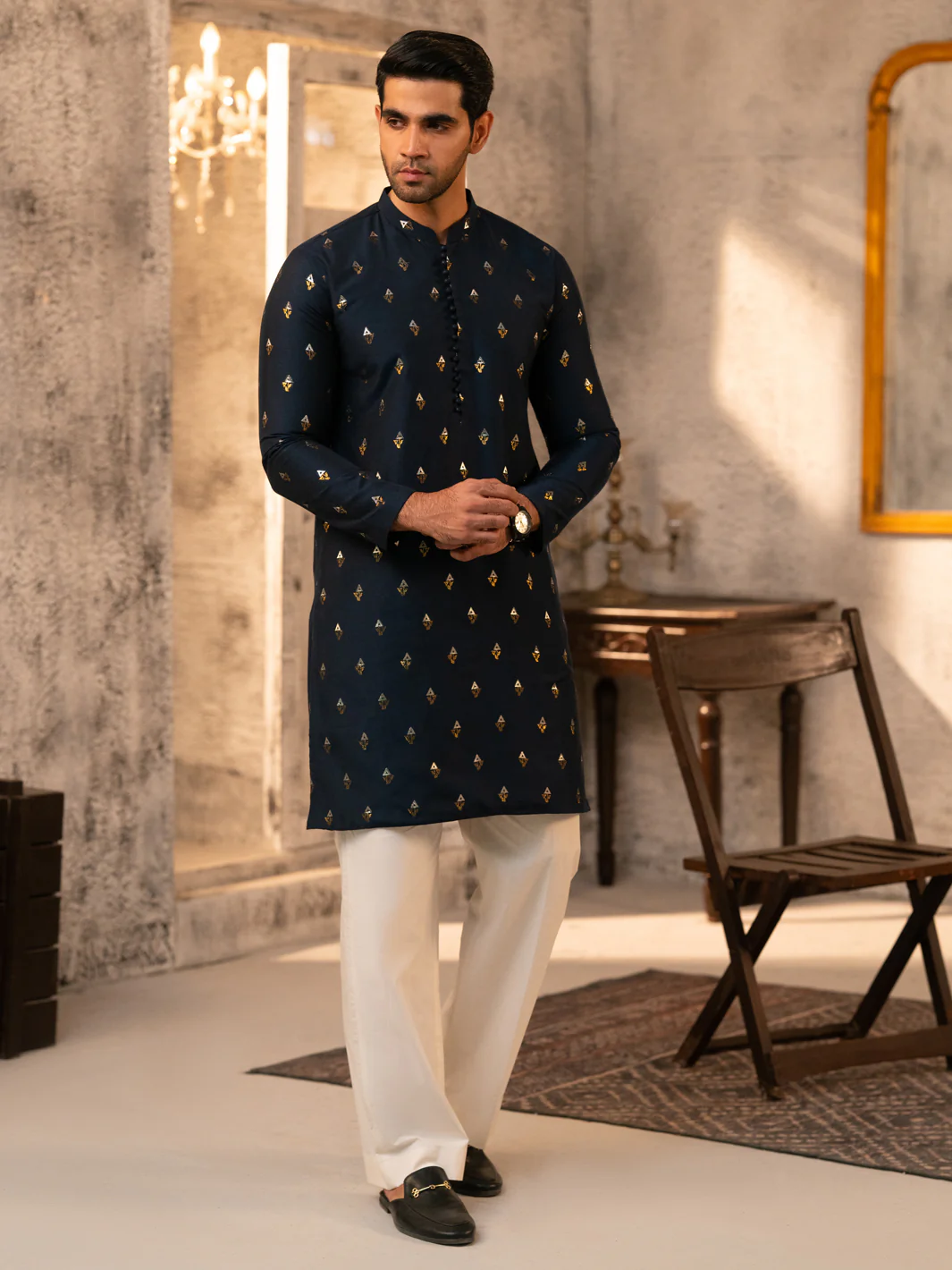 Navy Blue Formal Brocade Kurta - AL-K-SP-071 - Image 3