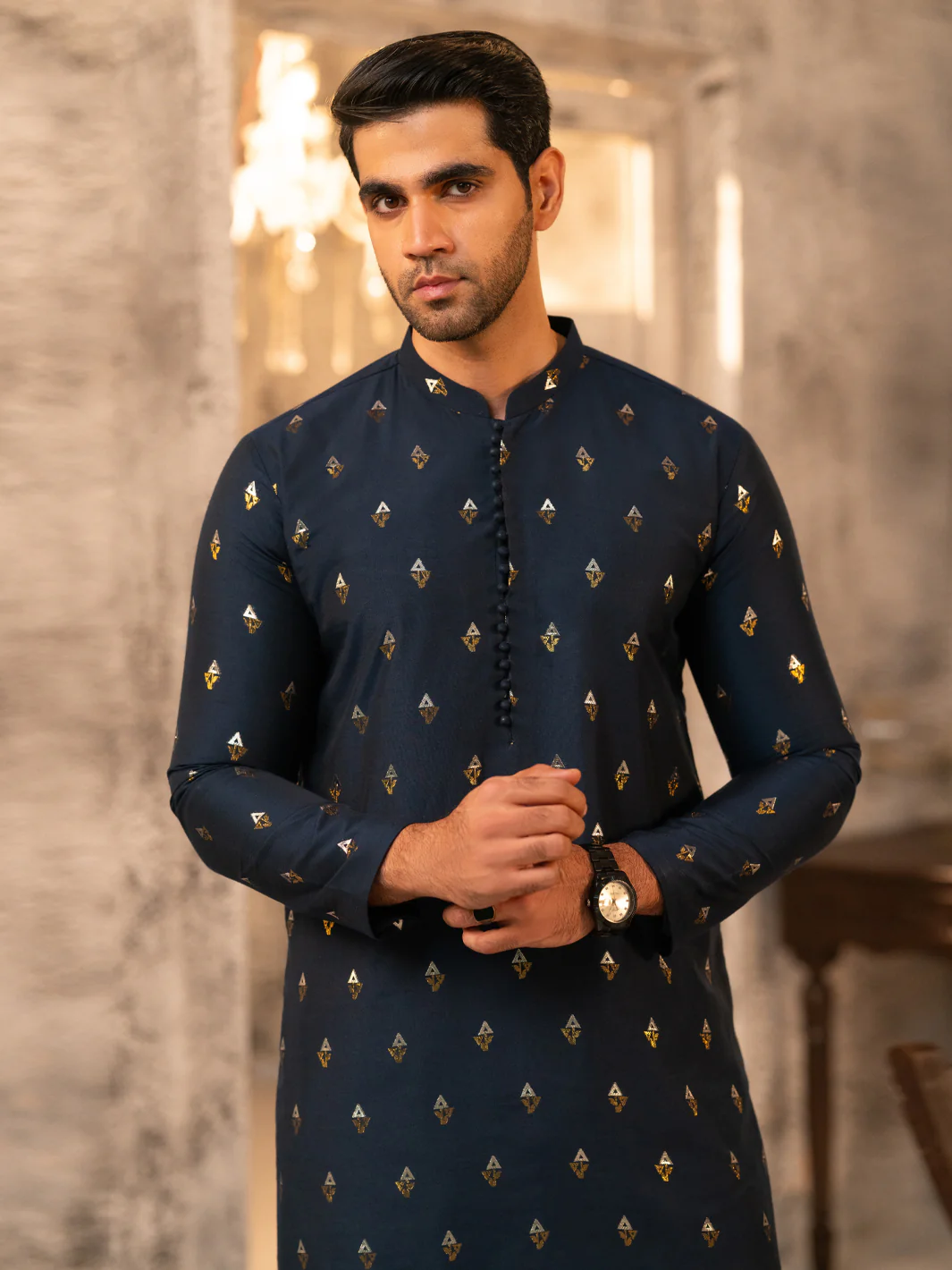 Navy Blue Formal Brocade Kurta - AL-K-SP-071 - Image 4