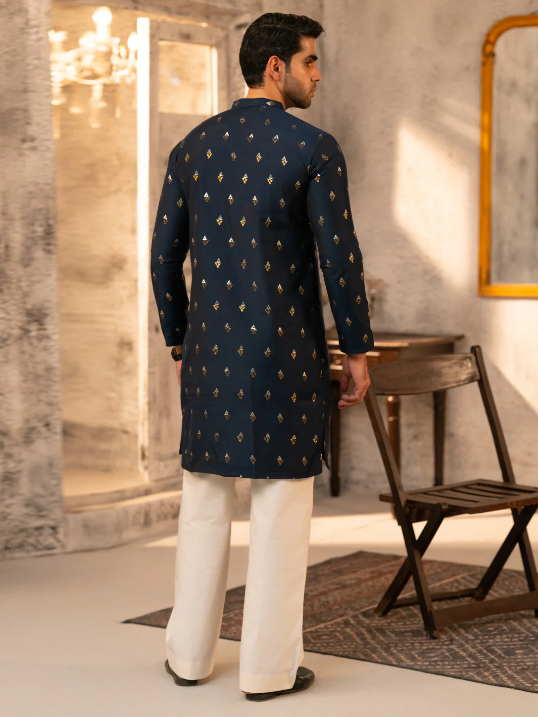 Navy Blue Formal Brocade Kurta - AL-K-SP-071 - Image 5