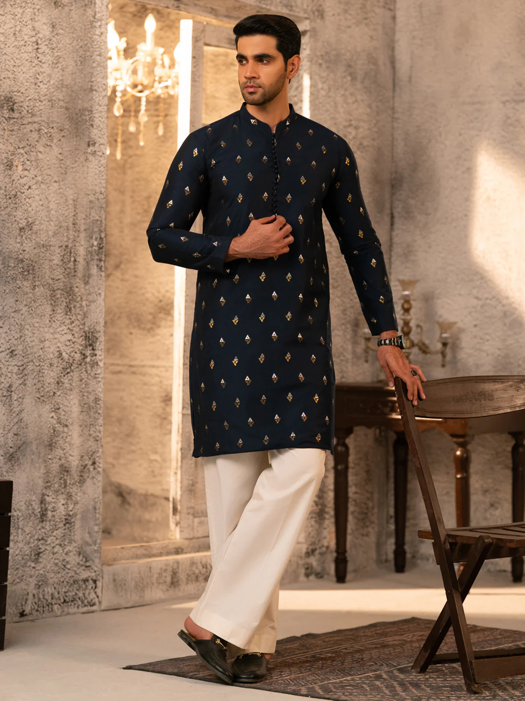 Navy Blue Formal Brocade Kurta - AL-K-SP-071 - Image 7
