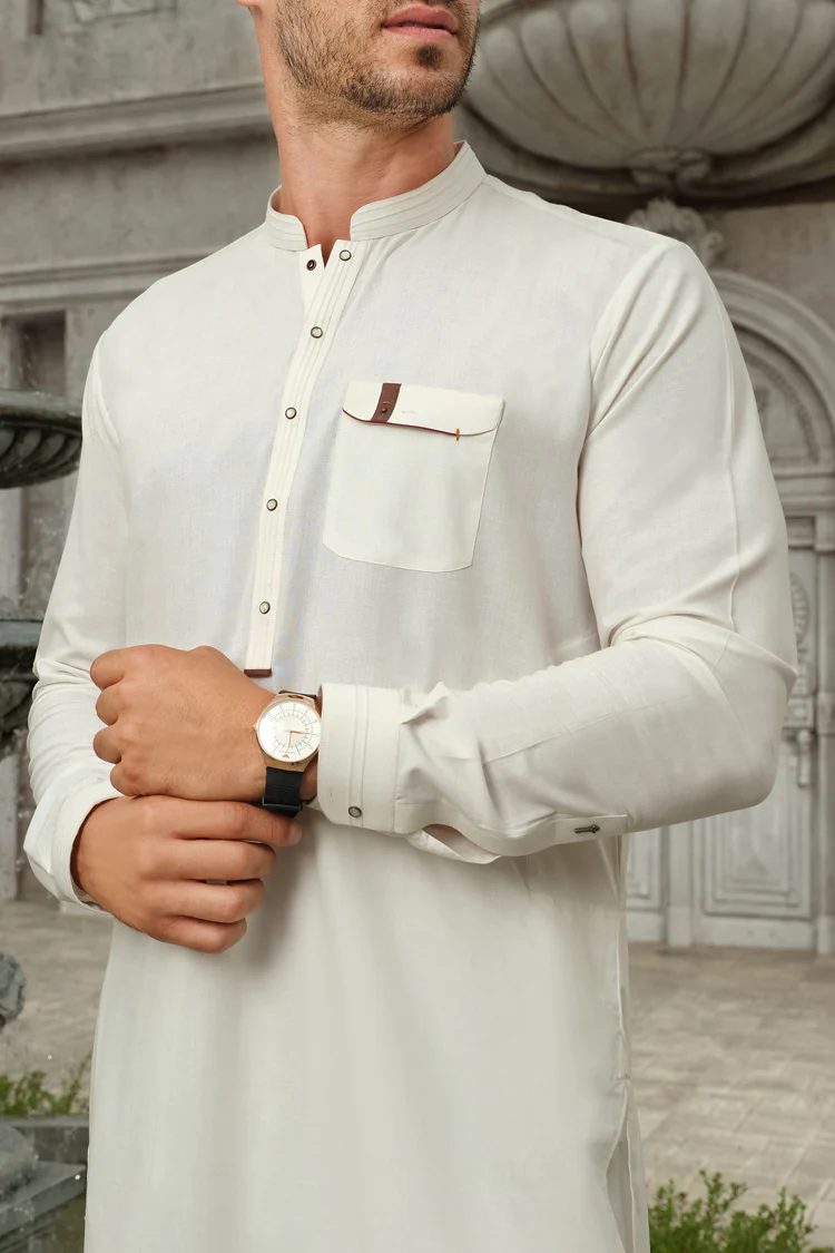 White Blended Kurta Pajama - AL-KS-2484 - Image 2