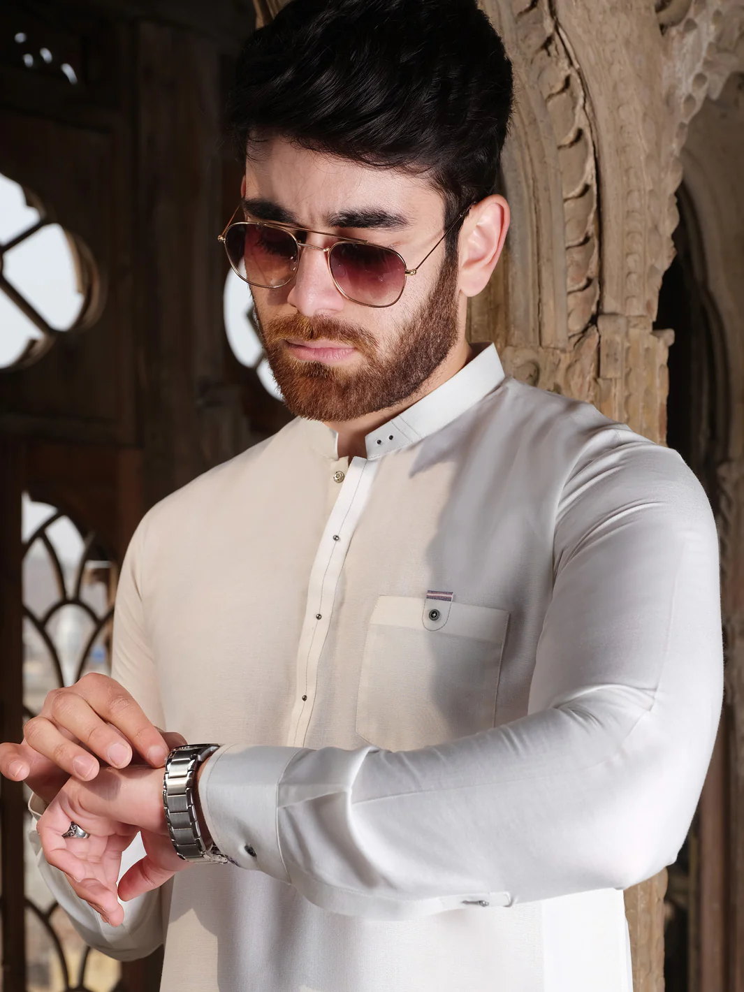 Off White Blended Kurta Pajama - AL-KS-2501 - Image 2