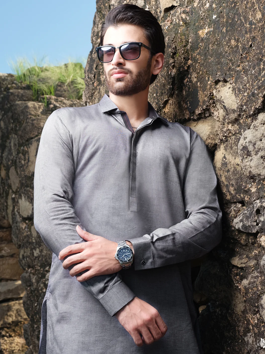 Grey Blended Kurta Pajama - AL-KS-2564 - Image 2