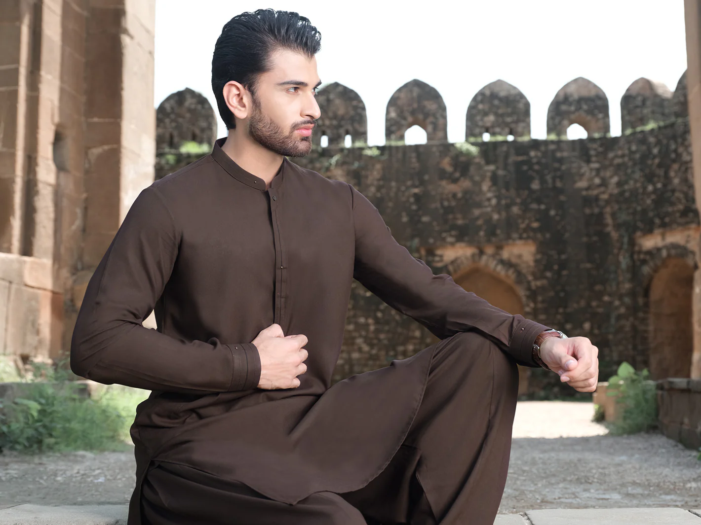 Dark Brown Blended Kameez Shalwar - AL-KS-2567 - Image 3