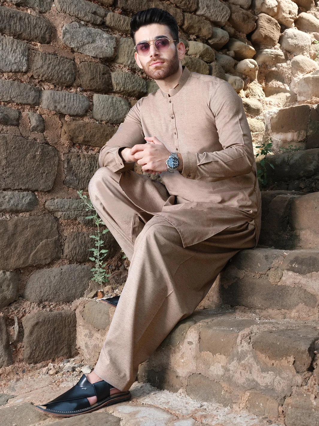 Light Brown Blended Kameez Shalwar - AL-KS-2571 - Image 3