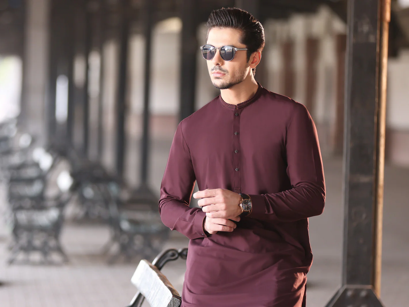 Burgundy Blended Kameez Shalwar - AL-KS-2599 - Image 3