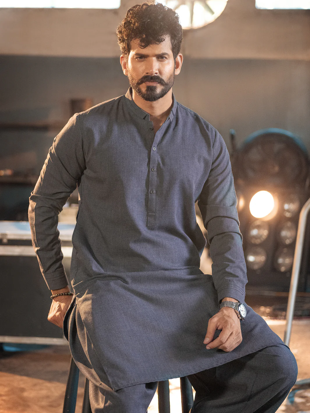 Charcoal Grey Blended Kurta Shalwar - AL-KS-2650 - Image 4