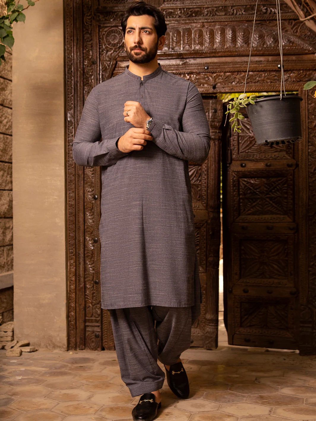 Grey Blended Kurta Shalwar - AL-KS-2661 - Image 2