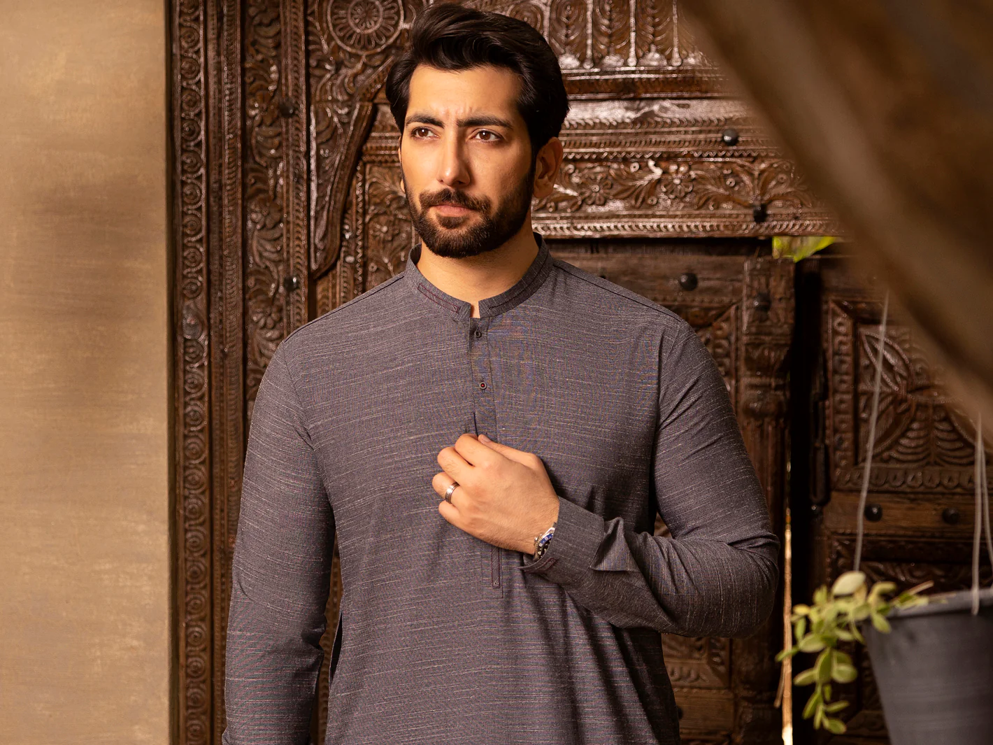 Grey Blended Kurta Shalwar - AL-KS-2661 - Image 3