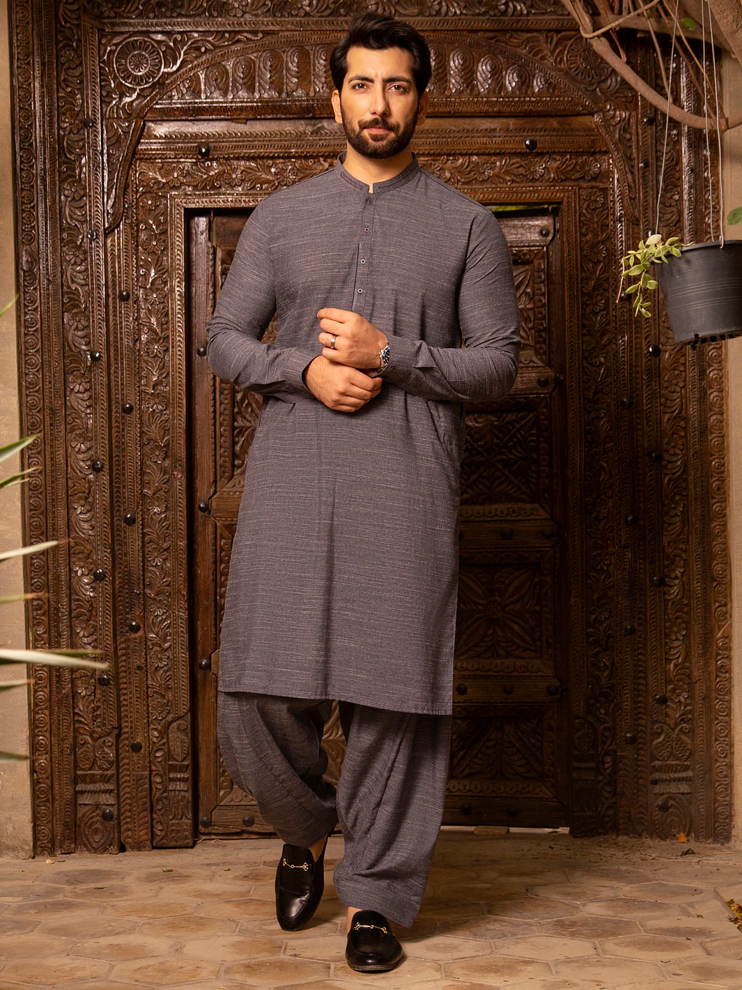 Grey Blended Kurta Shalwar - AL-KS-2661 - Image 4