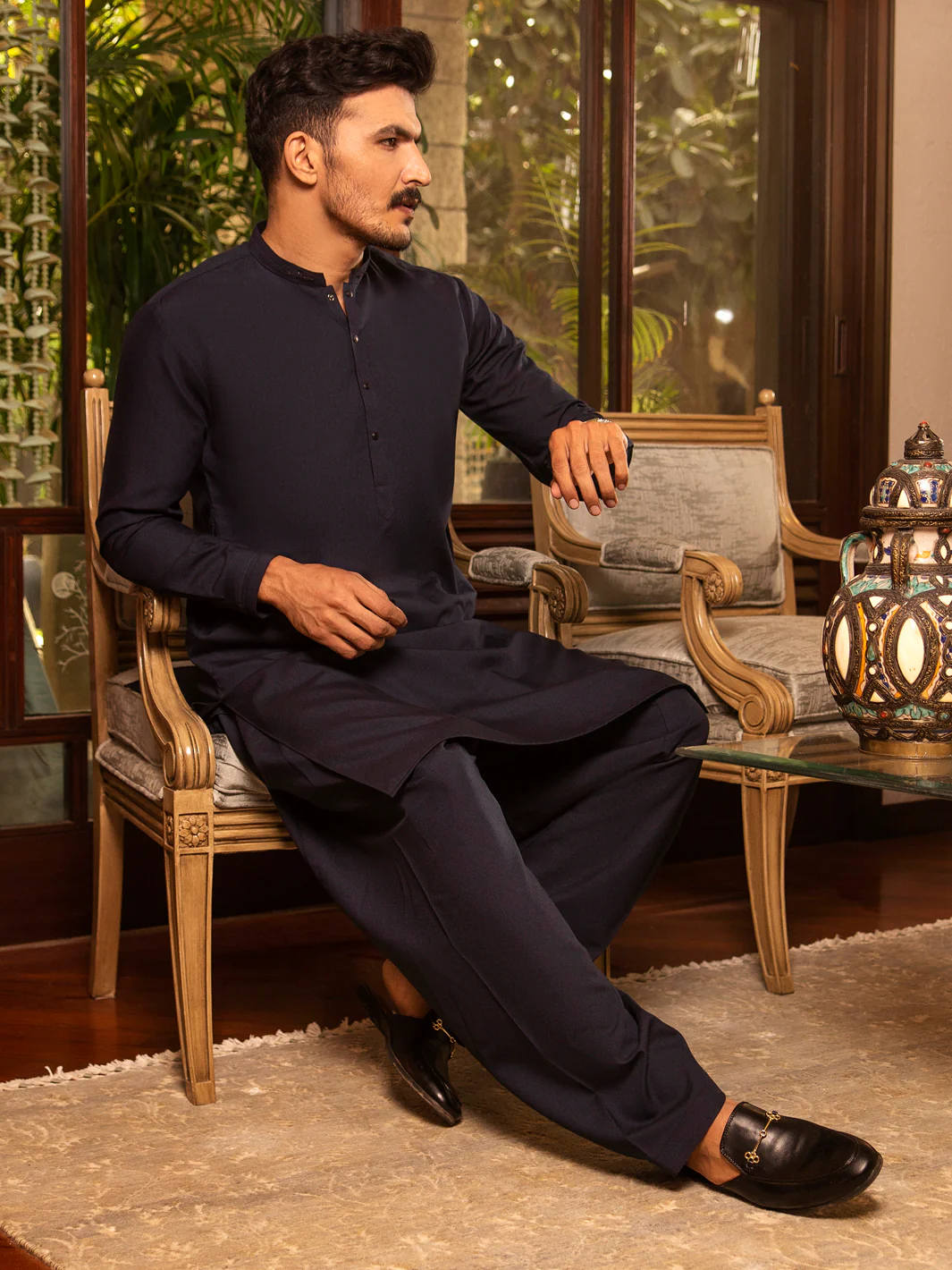 Dark Blue Blended Kurta Shalwar - AL-KS-2680 - Image 2