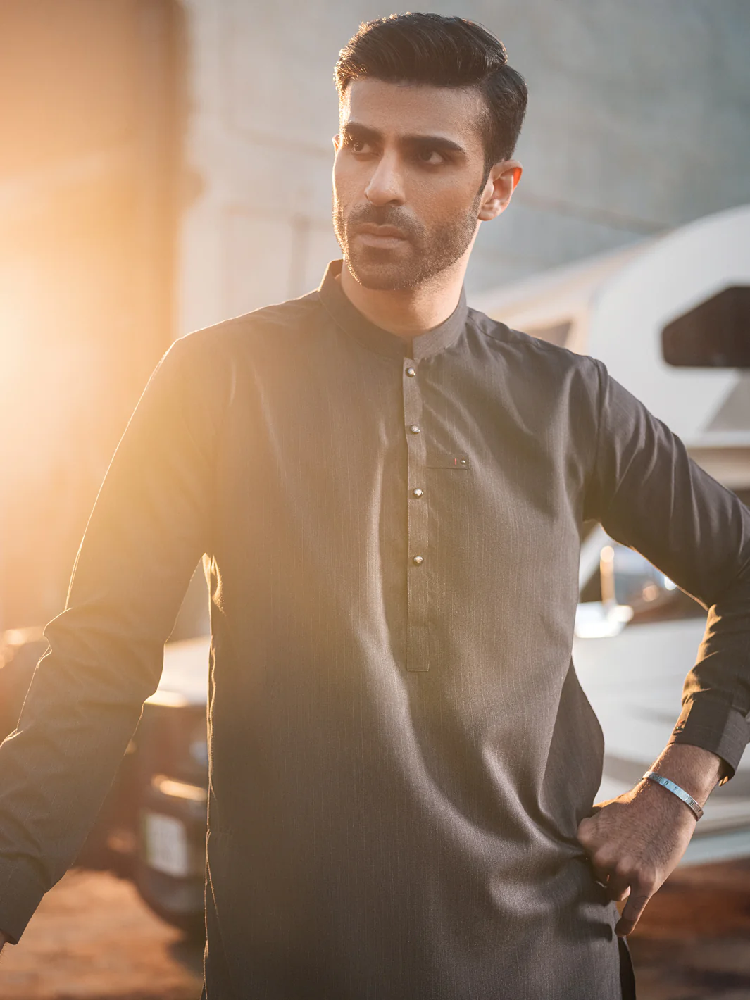 Charcoal Grey Blended Kurta Shalwar - AL-KS-2687 - Image 2