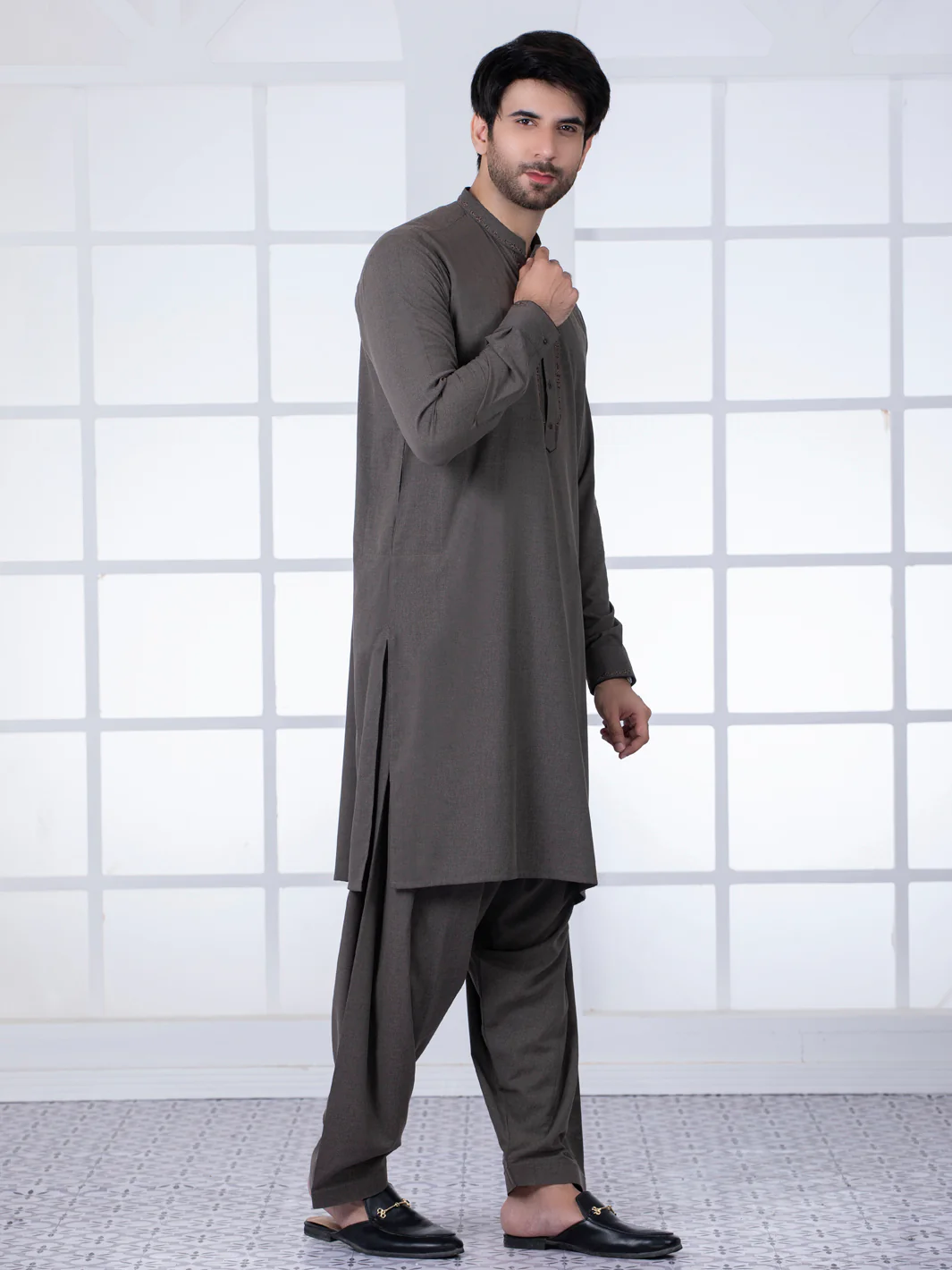 Brown Blended Kameez Shalwar - AL-KS-2793 - Image 3