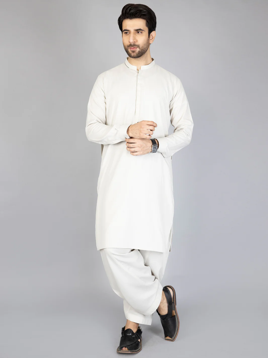 Light Grey Blended Kameez Shalwar - AL-KS-2864