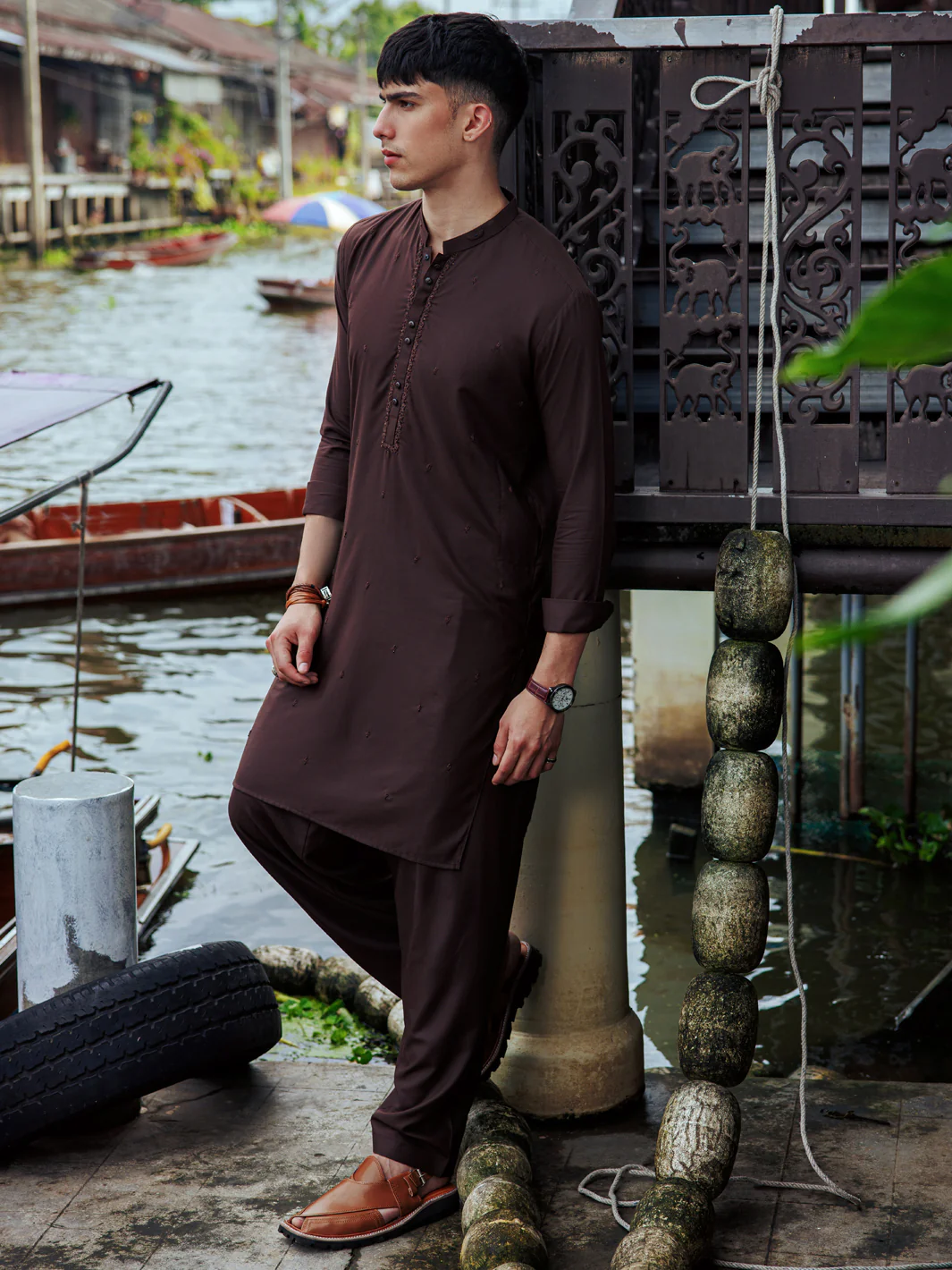 Dark Brown Blended Kameez Shalwar - AL-KS-2958 - Image 2